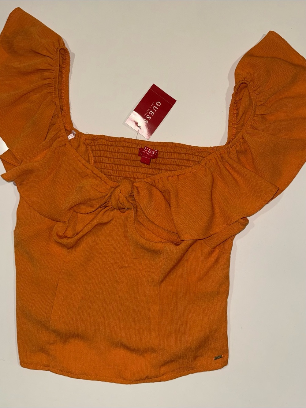 Guess Orange Off-Shoulder Ruffle Tie Crop Top